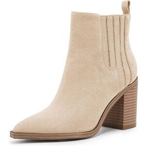 Womens Cream Faux Leather Slip on Pointed Toe Chunky Block Mid Heel Booties